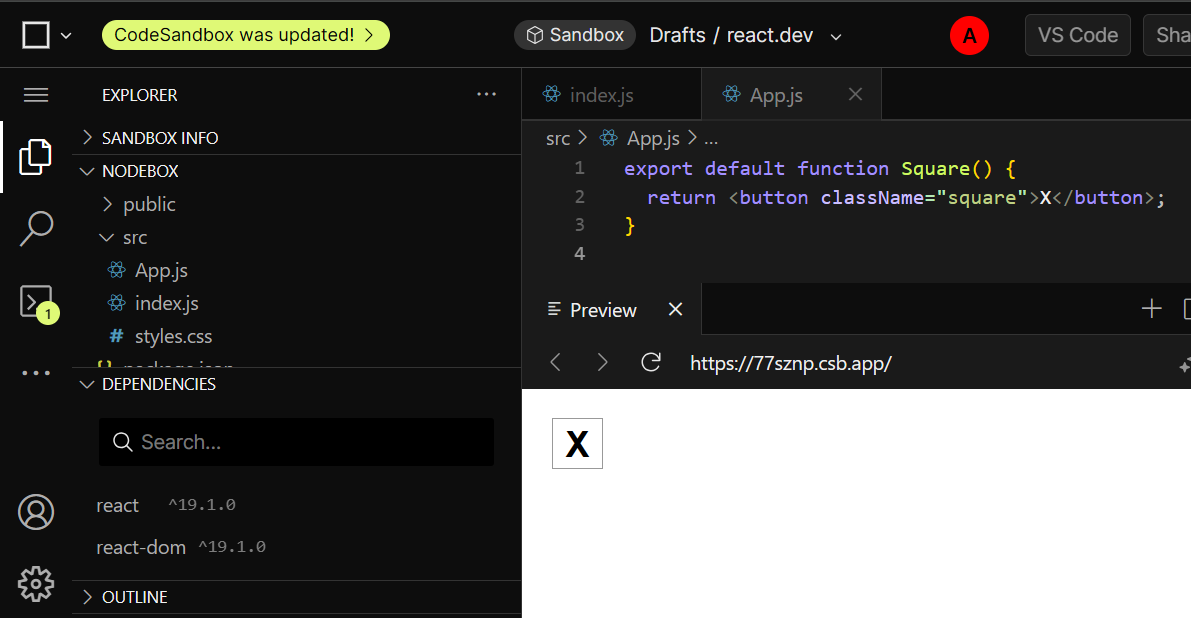 CodeSandbox با کد آغازین